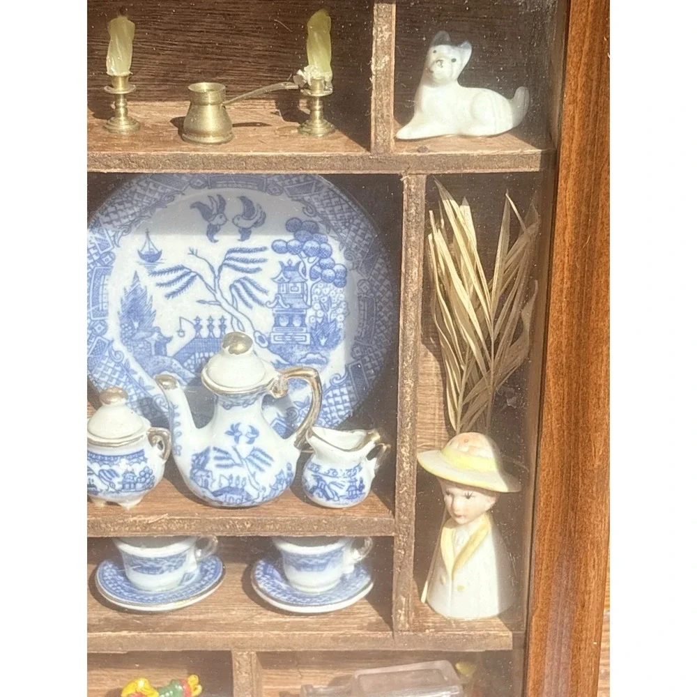 Vintage Blue Willow Miniature Tea Set Shadow Box Wall Display Case Cottagecore